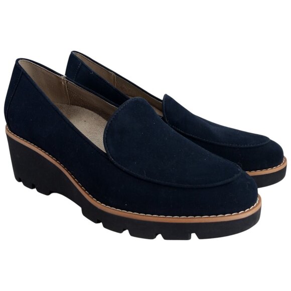 Vionic Ava Blue Faux Suede Wedge Slip On Loafers Size 8 Comfort Preppy Navy - Picture 1 of 13